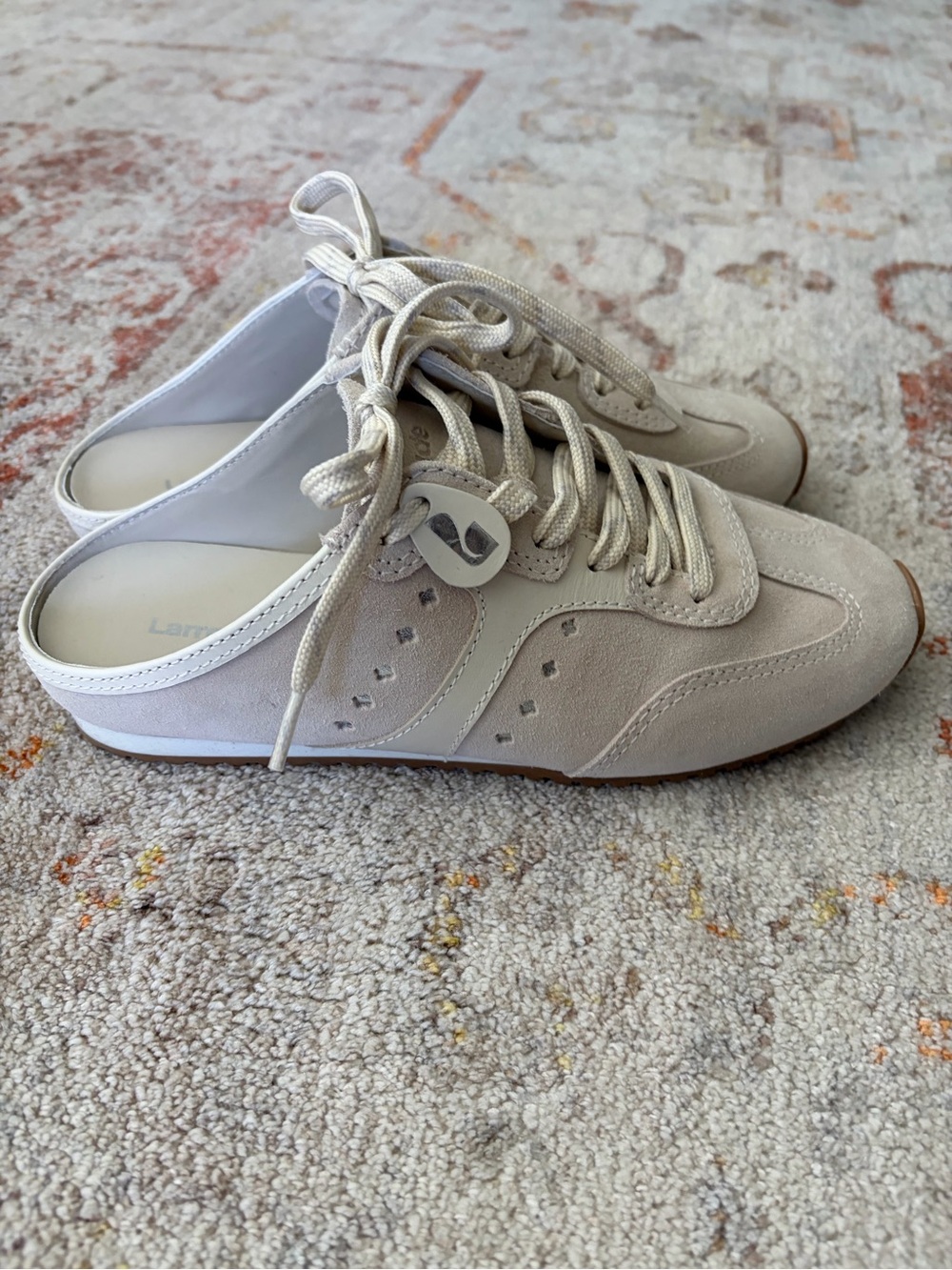 Larroude Beige Suede Lace-Up Mules